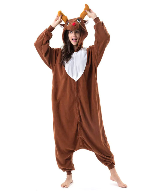 Load image into Gallery viewer, Beauty Shine Unisex Adult Onesie One Piece Pajamas Cosplay Cartoon Costume Halloween Christmas Sleepwear Jumpsuit Homewear Large Coffee Reindeer
